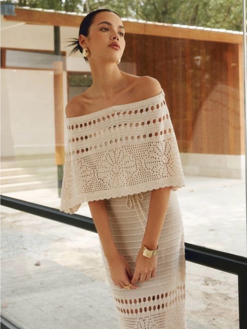 Commense Cream Off-the-Shoulder Crochet Knit Poncho Sweater